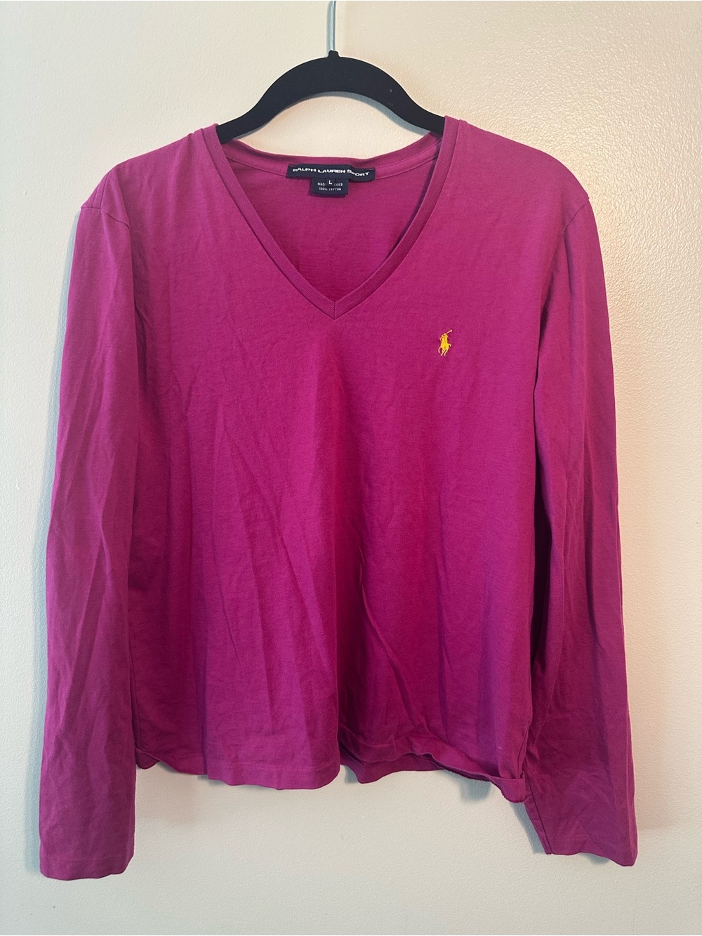 Ralph Lauren Women’s V-Neck Long Sleeve Top - Magenta with Yellow Pony